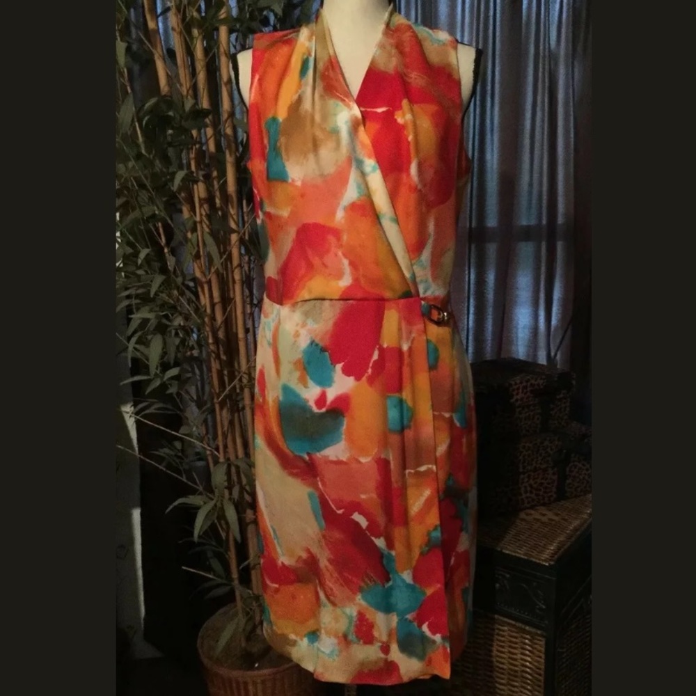 Leslie Stuart Watercolor Dress Size 8 EUC green orange